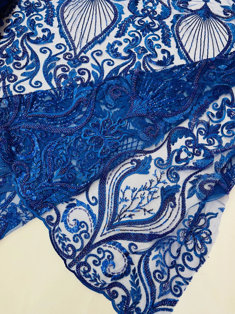 Damask Leaf Bead Fabric - Royal Blue - Heavy Beaded Embroidered Sequins Lace Fabric by Yard