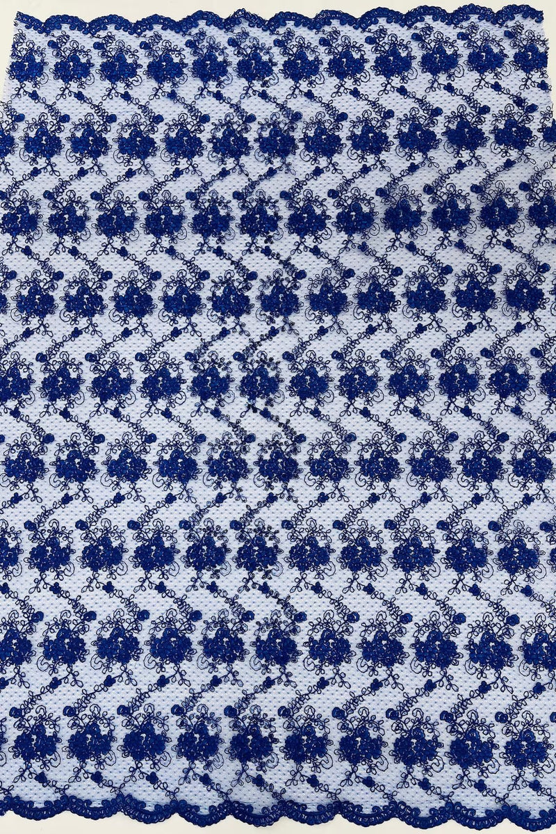 Embroidered Flower Fabric - Royal Blue - Floral Design Scalloped Border Fabric By Yard