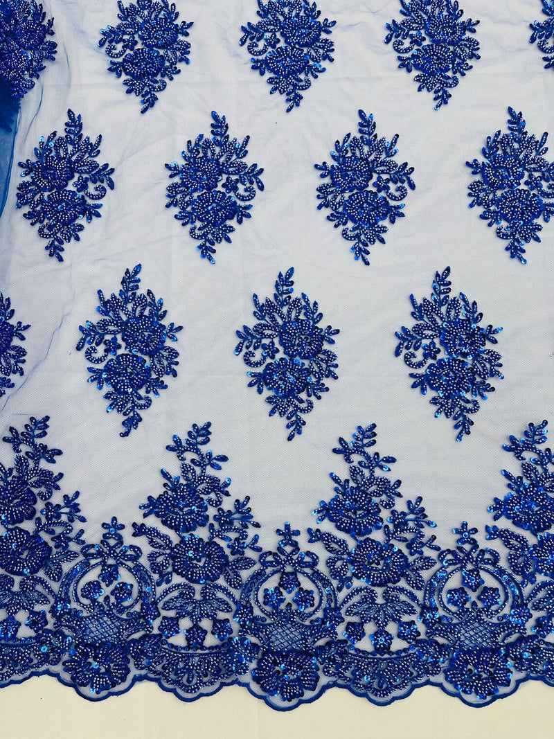 Heavy Beaded Floral Fabric - Royal Blue - Luxury Heavy Duty Bead Bridal Floral Cluster Lace Fabric by the yard