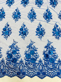 3D Fancy Floral Design Fabric - Royal Blue - 3D Flower Fabric with Small Beads on Lace Sold By Yard