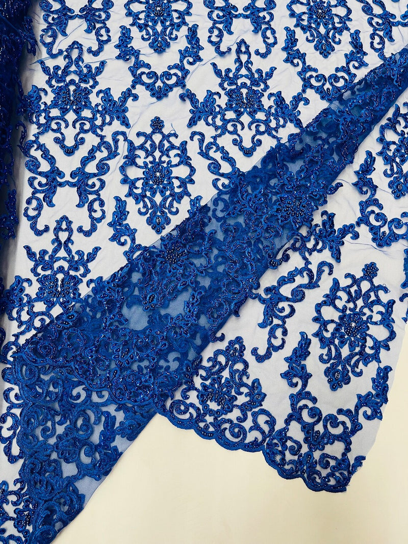 Butterfly Bead Sequins Fabric - Royal Blue - Damask Beaded Sequins Lace Fabric by the yard