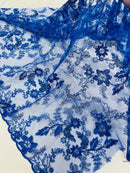 Floral Metallic Lace Fabric - Royal Blue - Corded Embroidered Floral Sequins Fabric by Yard