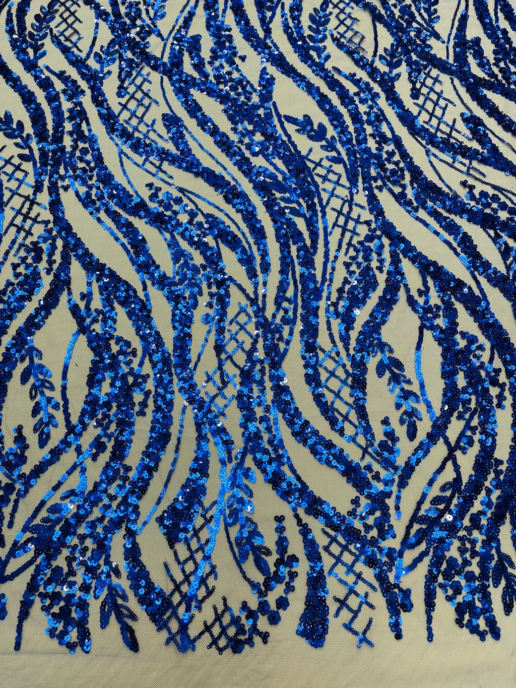 Floral Beaded Wavy Fabric - Royal Blue - Beaded Sequins Wavy Embroidered Fabric Sold By Yard