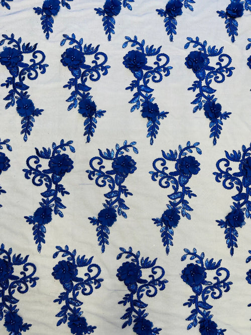 3D Flower Cluster Fabric - Royal Blue - 3D Flower Leaf Design Fabric with Pearls Sold By Yard