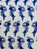3D Flower Cluster Fabric - Royal Blue - 3D Flower Leaf Design Fabric with Pearls Sold By Yard