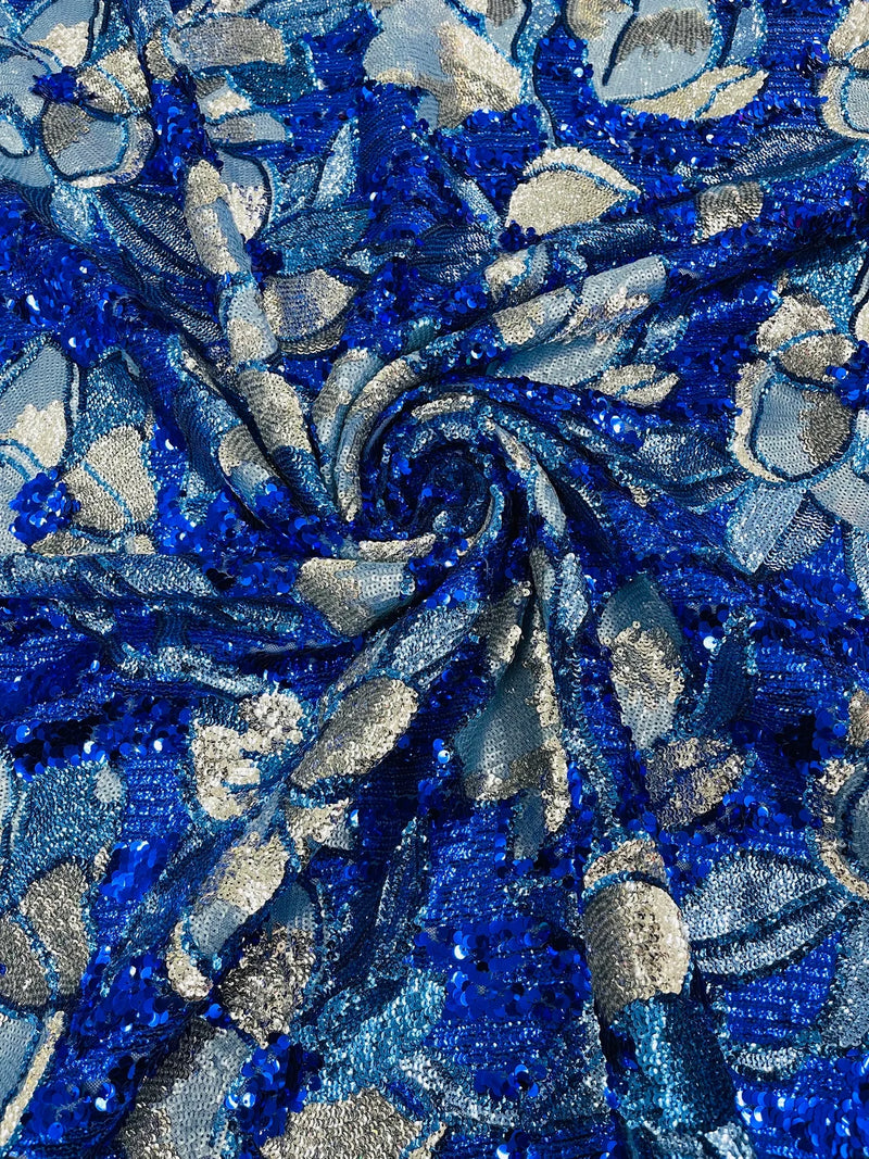 Orchid Design Sequins - Royal Blue - 4 Way Stretch Full Sequins Floral Design Mesh Fabric By Yard