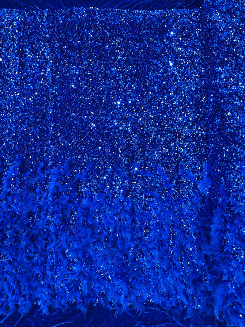 Feather Sequin Velvet Fabric - Royal Blue - 5mm Sequins Velvet 2 Way Stretch 58/60" Fabric By Yard