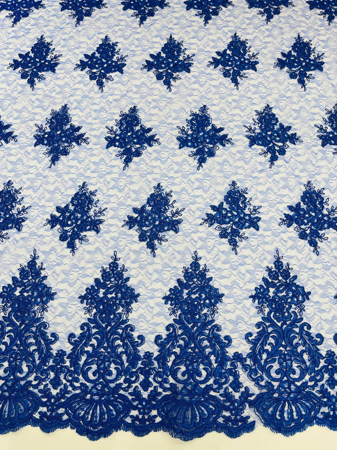Damask Border Corded Lace - Royal Blue - Floral Cluster Design Damask Border on Lace Fabric Yard