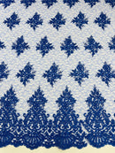 Damask Border Corded Lace - Royal Blue - Floral Cluster Design Damask Border on Lace Fabric Yard