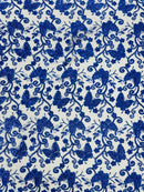 Butterfly Swirl Lace Fabric - Royal Blue - Metallic Sequins Design on Lace Fabric By Yard