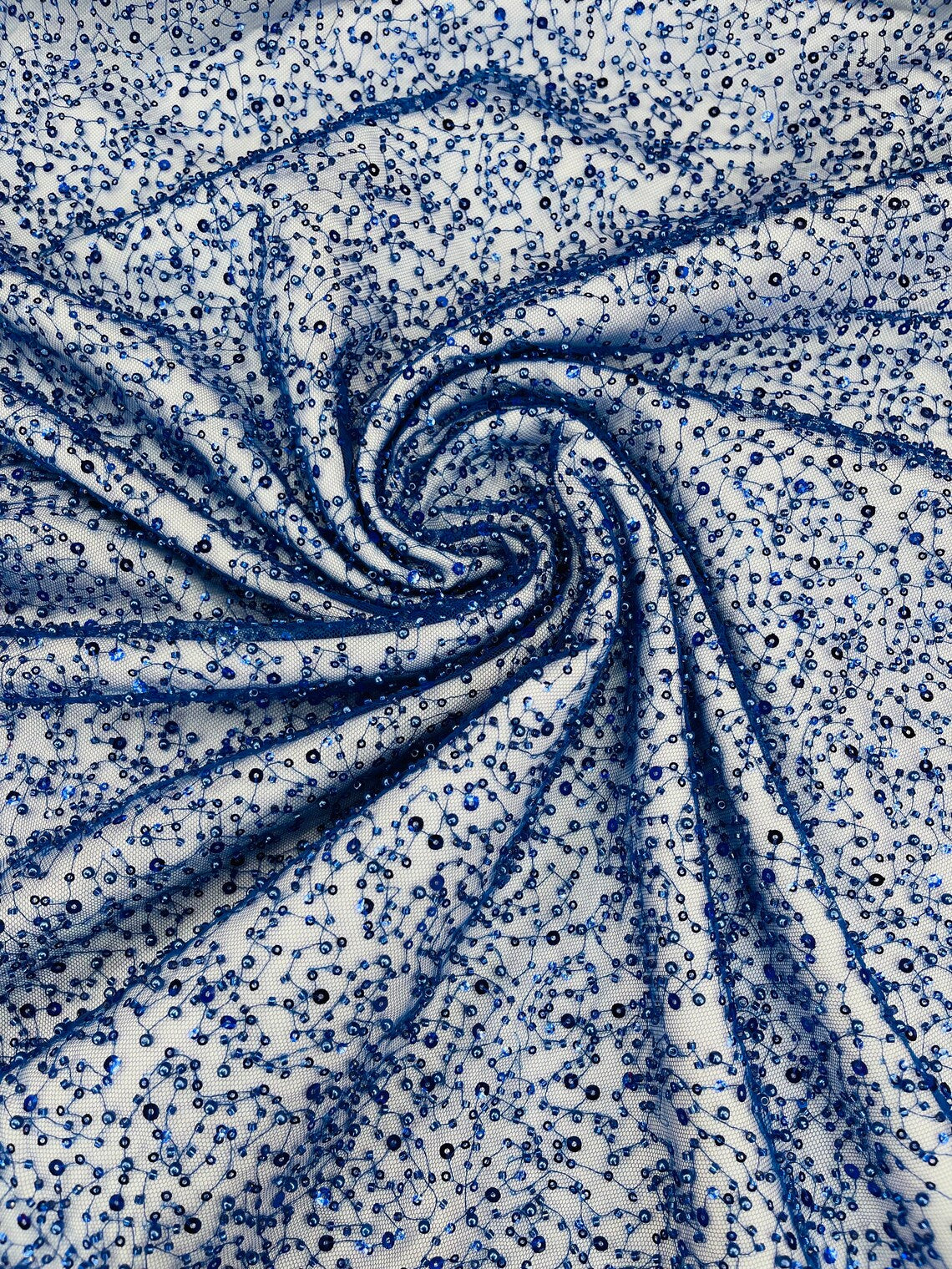 3D Beaded Mesh Fabric - Royal Blue - Embroidered Beaded Lace Mesh Fabric with Small Sequins Sold By Yard