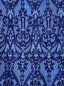 Heart Damask Sequins - Royal Blue - 4 Way Stretch Sequins Fabric By Yard