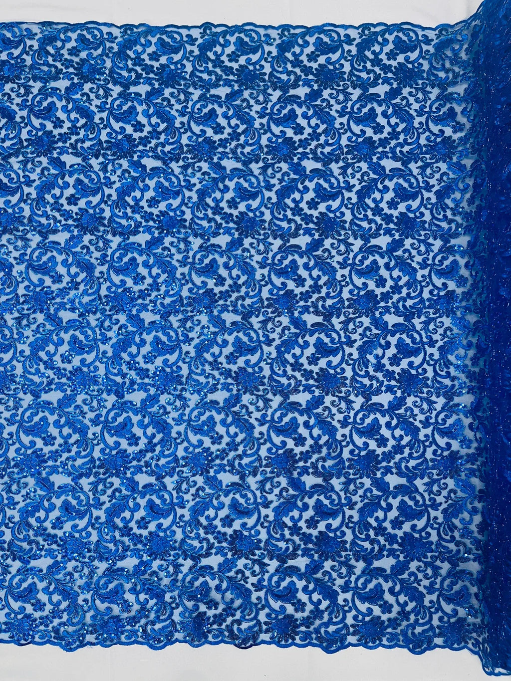Metallic Floral Lace Fabric - Royal Blue - Embroidered Sequins Floral Design Sold By Yard