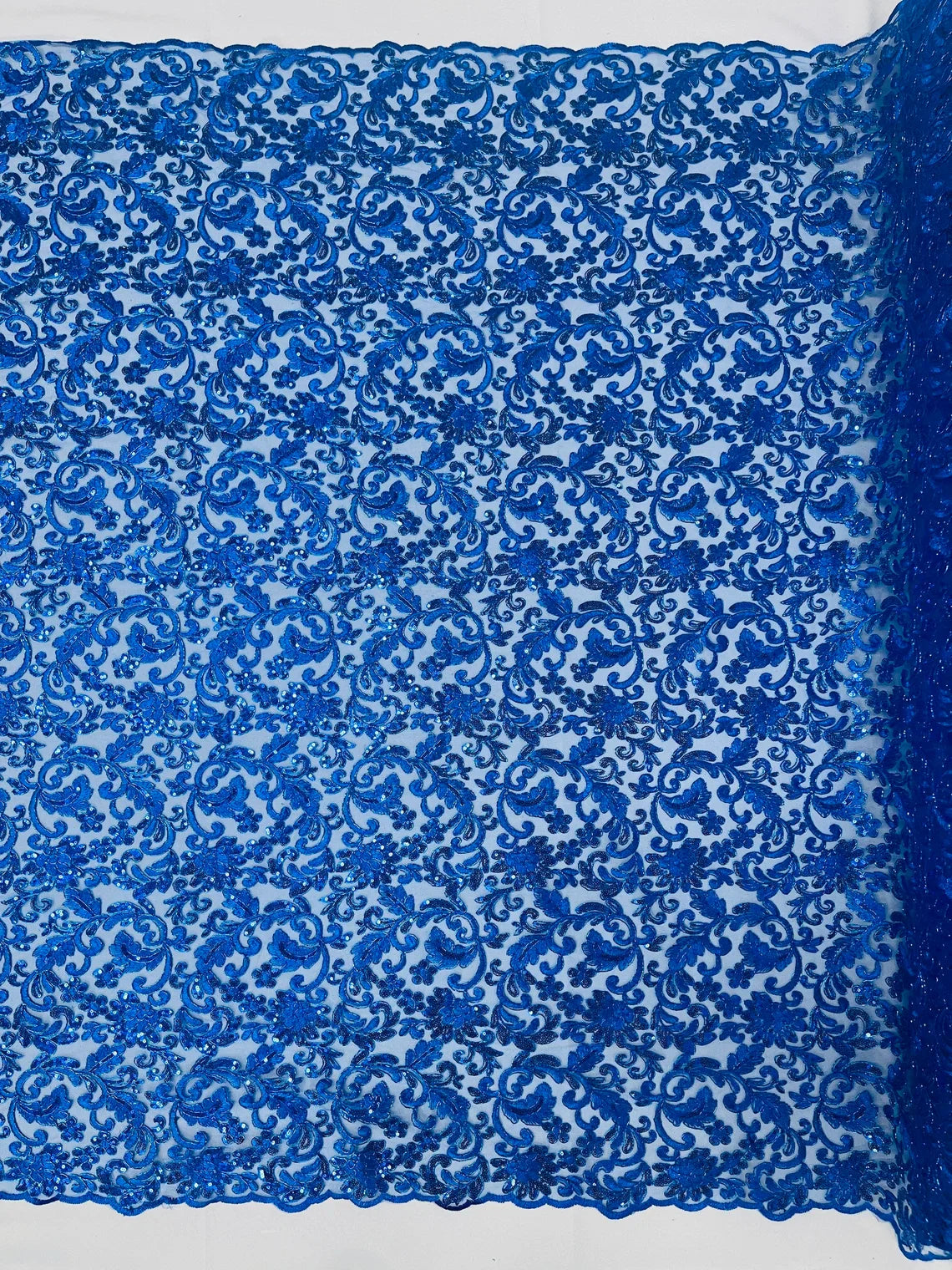 Metallic Floral Lace Fabric - Royal Blue - Embroidered Sequins Floral Design Sold By Yard