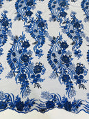 Corded Lace Sequins Fabric - Royal Blue - Embroidered Fancy Flower and Fish Design Sold By Yard