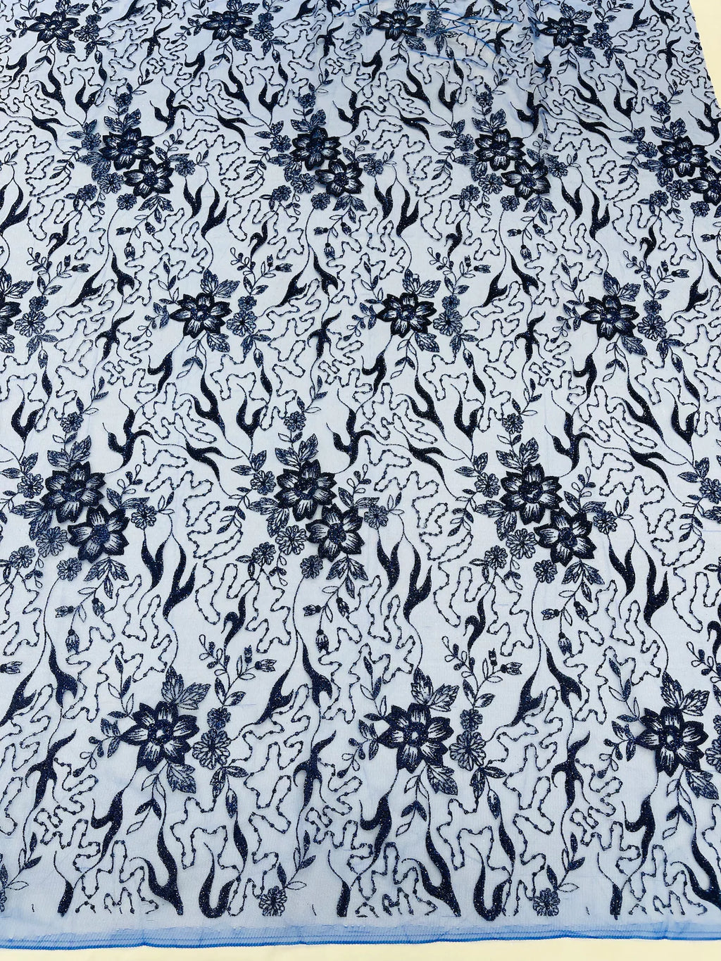 Flower Glitter Fabric - Royal Blue - 3D Floral Tulle Fabric for Wedding, Quinceañera By Yard