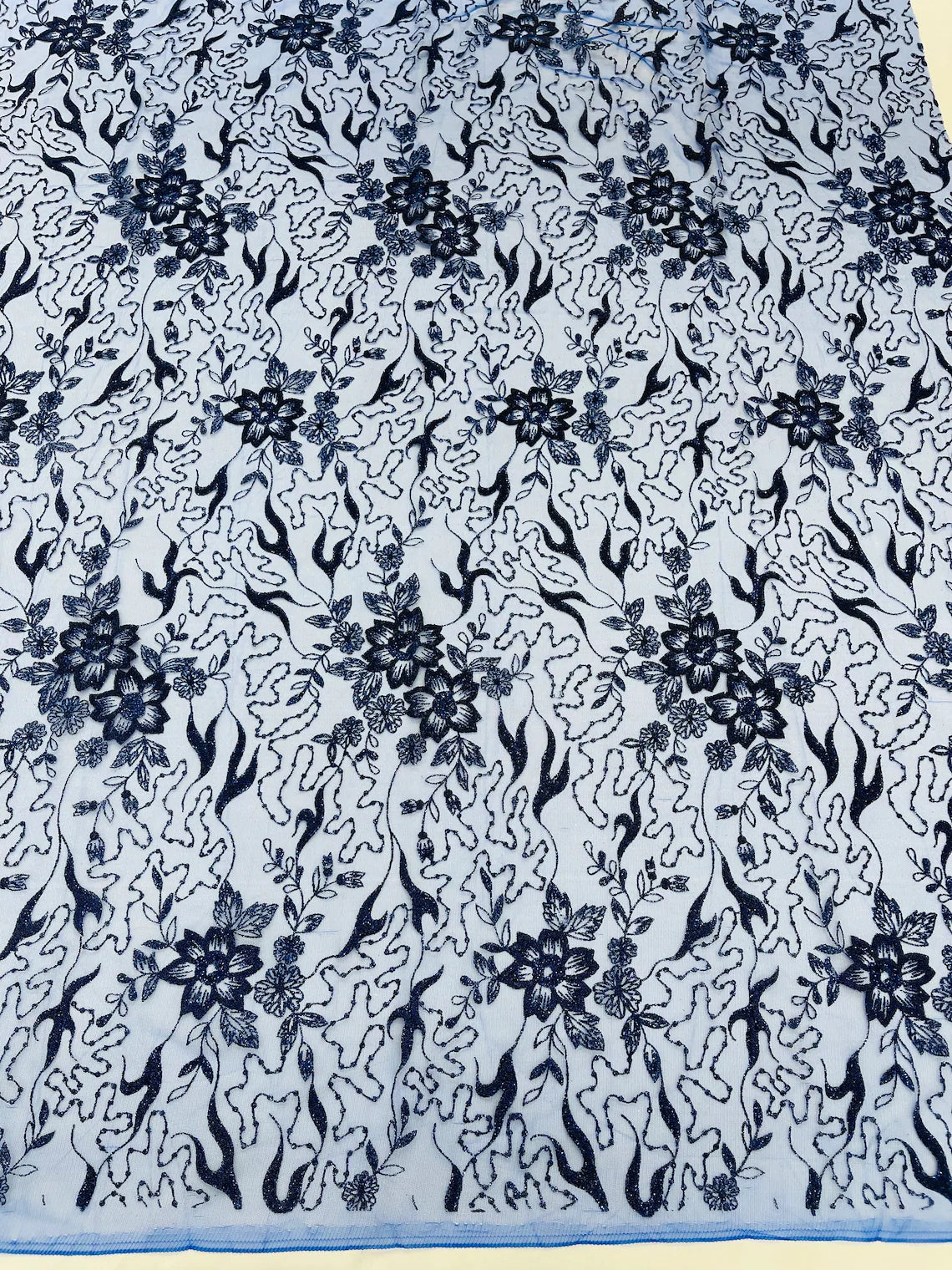 Flower Glitter Fabric - Royal Blue - 3D Floral Tulle Fabric for Wedding, Quinceañera By Yard