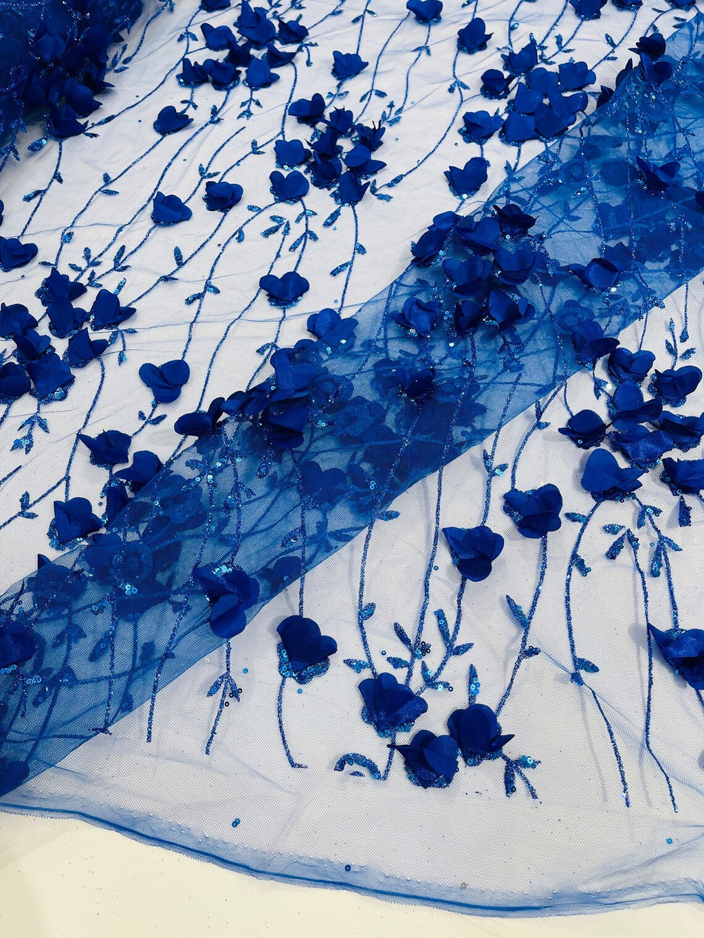 3D Glitter Floral Fabric - Royal Blue - 3D Flowers with Sequins and Glitter on Mesh Sold By Yard