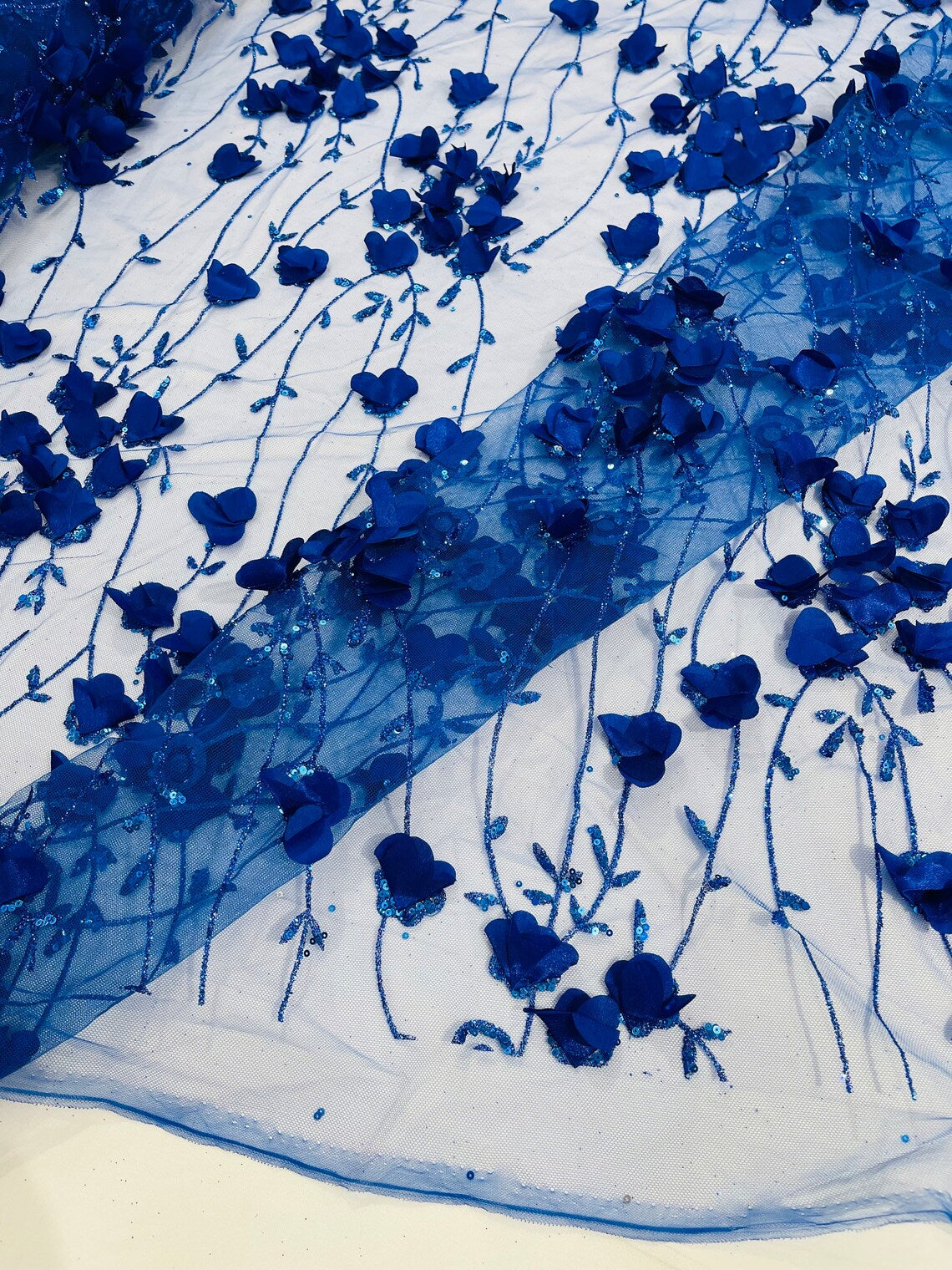 3D Glitter Floral Fabric - Royal Blue - 3D Flowers with Sequins and Glitter on Mesh Sold By Yard