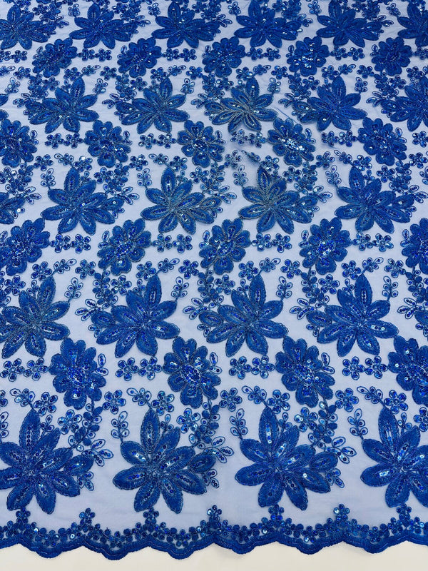 Corded Lace Floral Fabric - Royal Blue - Hologram Sequins Metallic Thread Floral Fabric by Yard