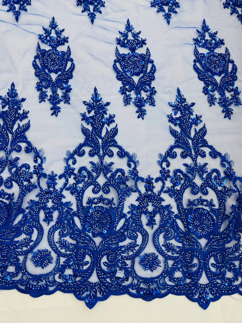 Floral Bead Embroidery Fabric - Royal Blue - Damask Floral Bead Bridal Lace Fabric by the yard