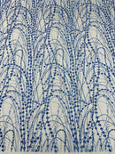 Tulle Glitter Fancy Line Fabric - Royal Blue - Tulle Fabric with Sparkle Glitter Design Sold By Yard