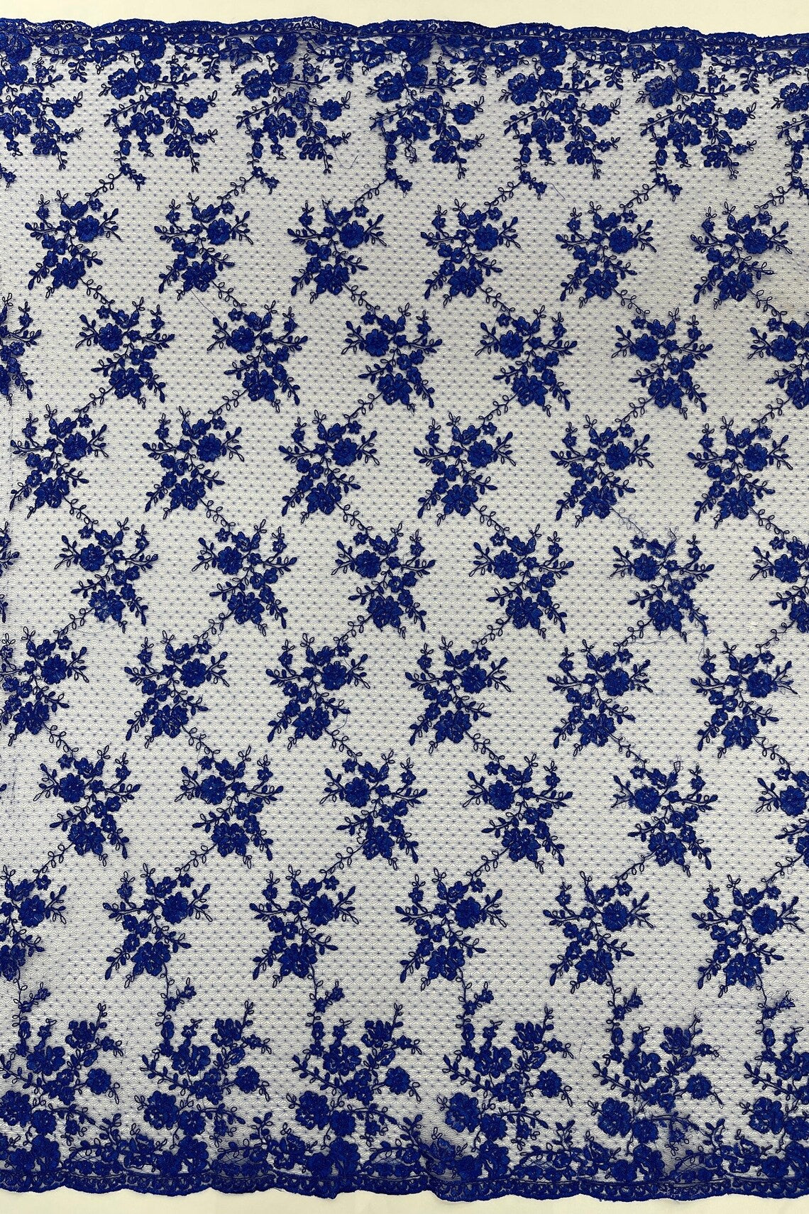Embroidered Corded Lace Fabric - Royal Blue - Cluster Fancy Flower Embroidered Lace Fabric By Yard