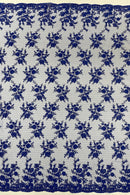 Embroidered Corded Lace Fabric - Royal Blue - Cluster Fancy Flower Embroidered Lace Fabric By Yard