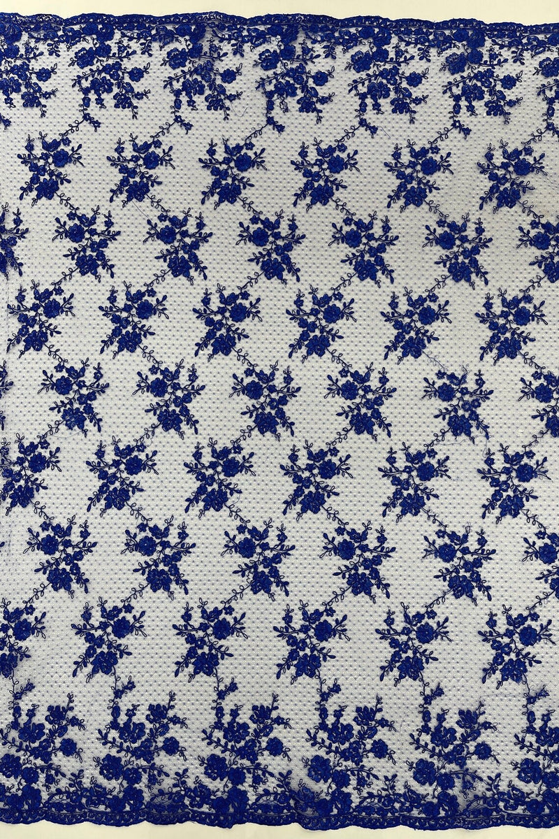 Embroidered Corded Lace Fabric - Royal Blue - Cluster Fancy Flower Embroidered Lace Fabric By Yard