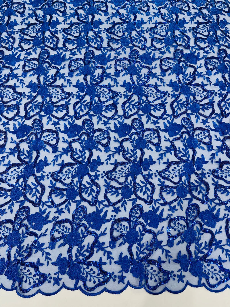 Small Flower Sequins Lace Fabric - Royal Blue - Embroidered Floral Pattern Fabric with Sequins on Lace By Yard