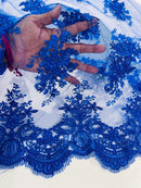 Floral Damask Lace Fabric - Royal Blue - Embroidered Damask Flowers on Lace Fabric By Yard