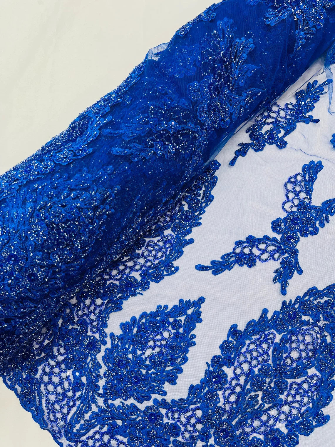Heavy Bead Floral Fabric - Royal Blue - Beaded Flower Design Fabric Fancy Border By Yard