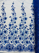3D Flower Glitter Fabric - Royal Blue - Floral Glitter Sequin Design on Lace Mesh Fabric by Yard