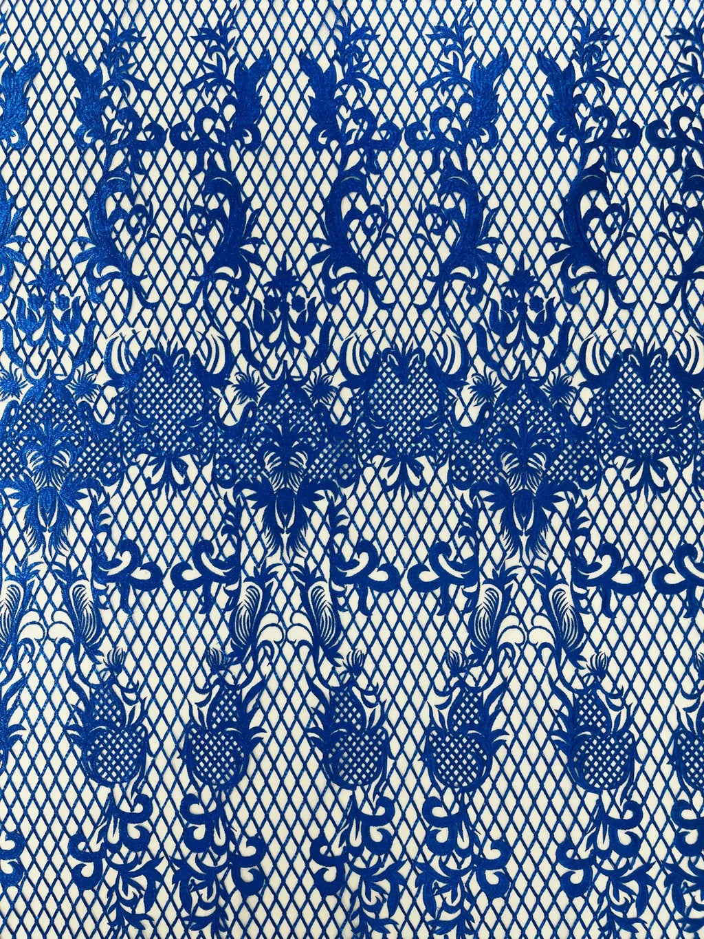 Damask on Net Lace Fabric - Royal Blue - Embroidered Lace Mesh Damask Design Fabric by Yard