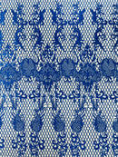 Damask on Net Lace Fabric - Royal Blue - Embroidered Lace Mesh Damask Design Fabric by Yard