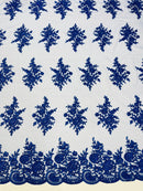 Floral Lace Flower Fabric - Royal Blue - Floral Embroidered Fabric with Sequins on Lace By Yard