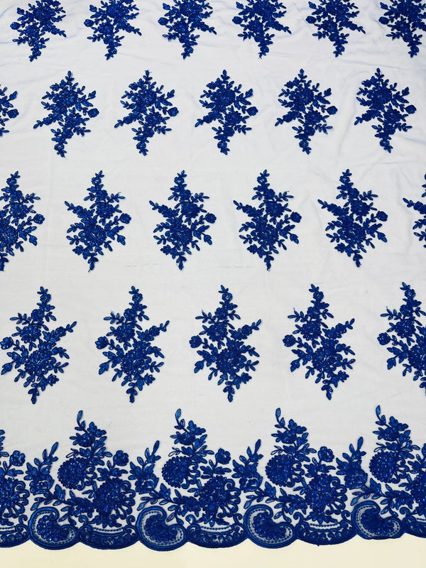 Floral Lace Flower Fabric - Royal Blue - Floral Embroidered Fabric with Sequins on Lace By Yard