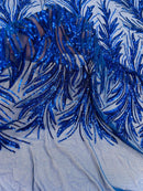Leaf Design Stretch Sequins - Royal Blue - 4 Way Stretch Lace Mesh Sequins Fabric by Yard
