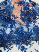 Floral Leaf Beaded Fabric - Royal Blue - Embroidered Flower Leaf Design Beaded Fabric By Yard