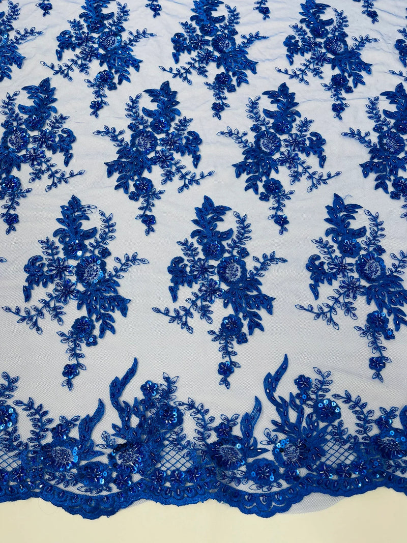 Beaded Flower Sequins Fabric - Royal Blue - Embroidered Beaded Floral Clusters Sequins Fabric By Yard