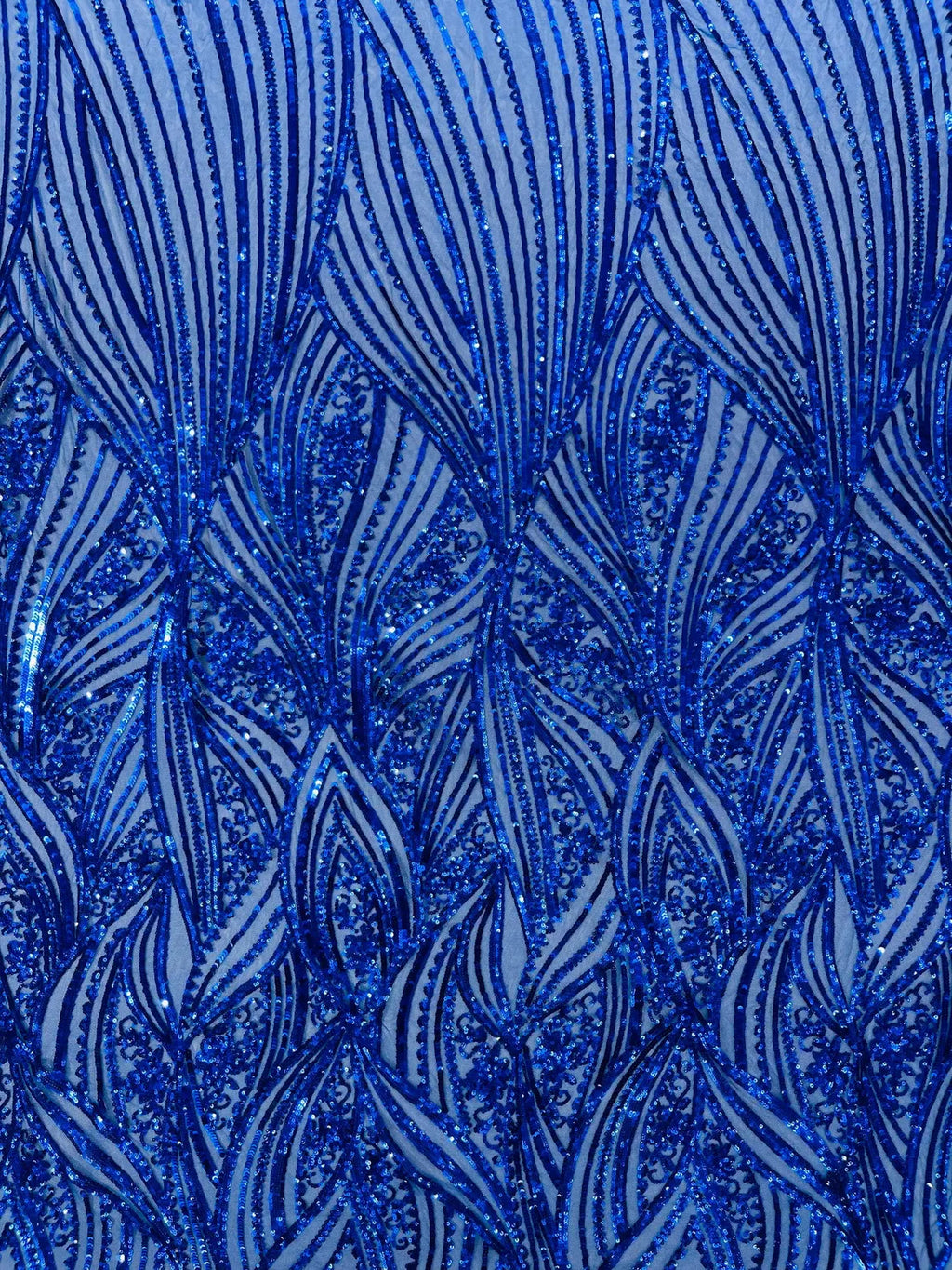 Curvy Line Design Fabric - Royal Blue - 4 Way Stretch Sequins Design Mesh Lace Fabric by Yard