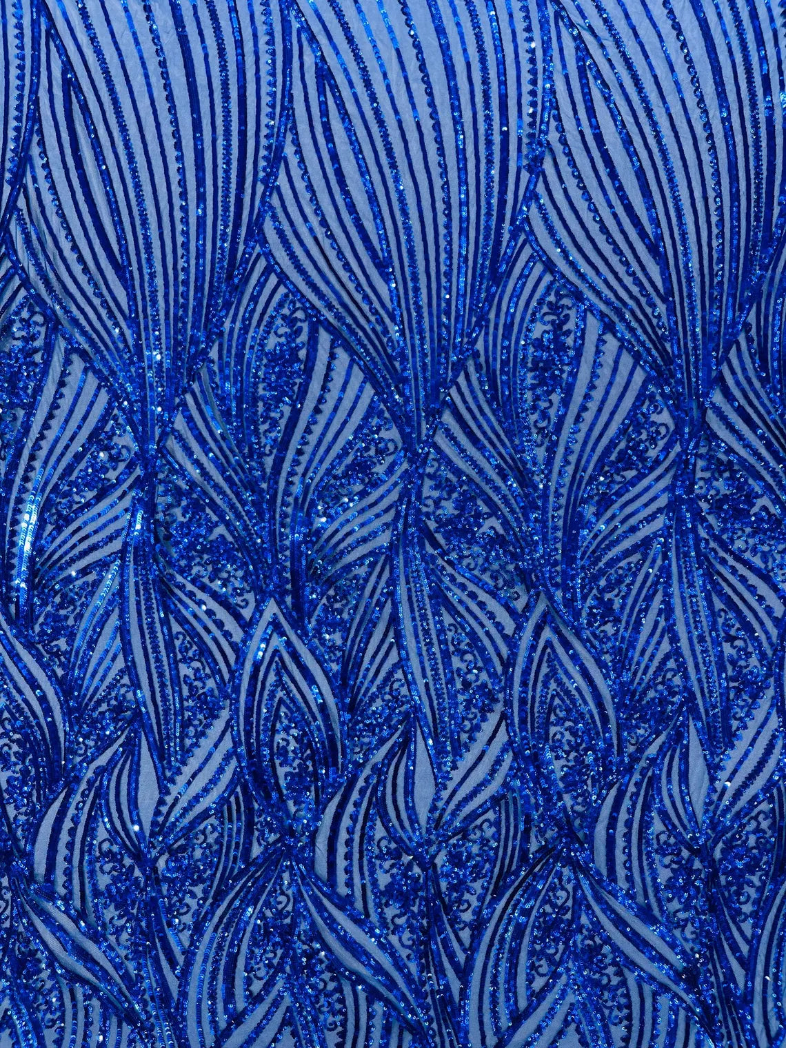 Curvy Line Design Fabric - Royal Blue - 4 Way Stretch Sequins Design Mesh Lace Fabric by Yard