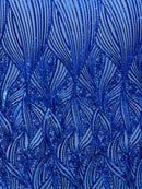 Curvy Line Design Fabric - Royal Blue - 4 Way Stretch Sequins Design Mesh Lace Fabric by Yard