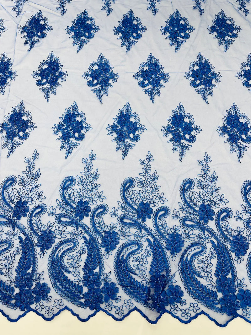 Metallic Corded Lace - Royal Blue - Paisley Floral Fabric with Metallic Thread on a Mesh Lace By Yard