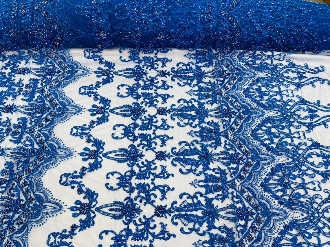 Damask Bead Fabric - Royal Blue - Embroidered Glamorous Fabric with Round Beads Sold By Yard