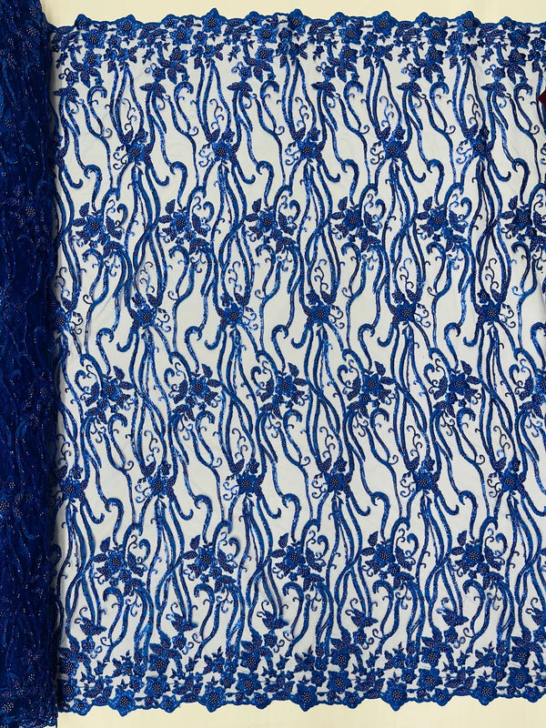 Small Flower Bead Fabric - Royal Blue - Beaded Flower Fabric with Curled Lines Design By Yard