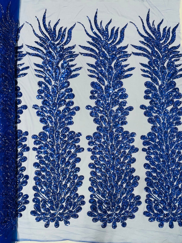 3D Beaded Peacock Feathers - Royal Blue - Sequins Embroidered Beaded Vegas Design On a Mesh Lace Fabric (Choose The Panels)