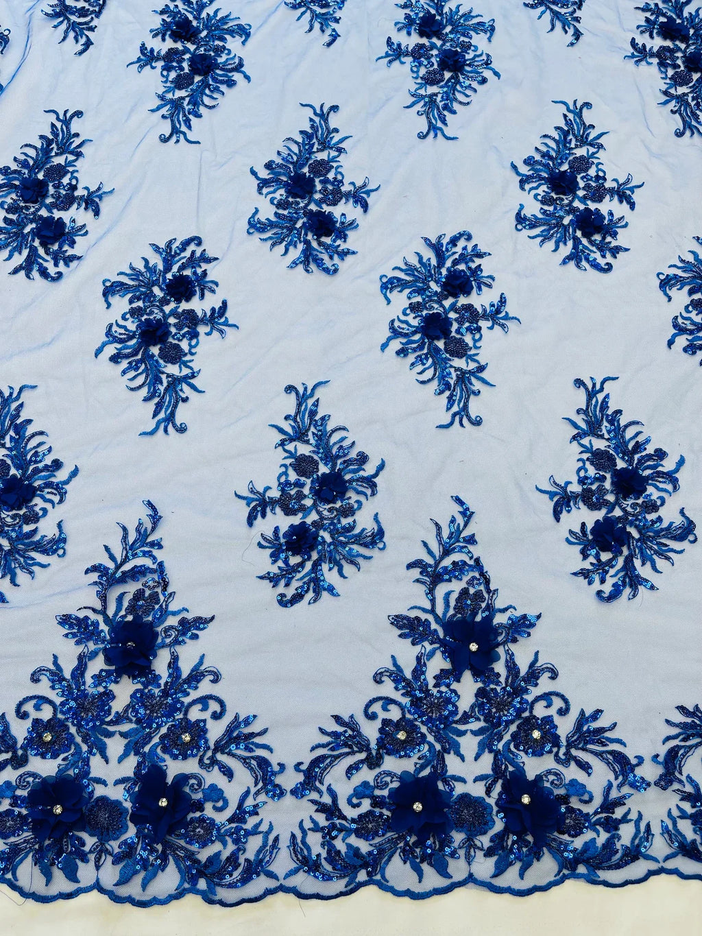 3D Floral Rhinestone Fabric - Royal Blue - Beaded Flower Clusters with Rhinestones and Sequins By Yard