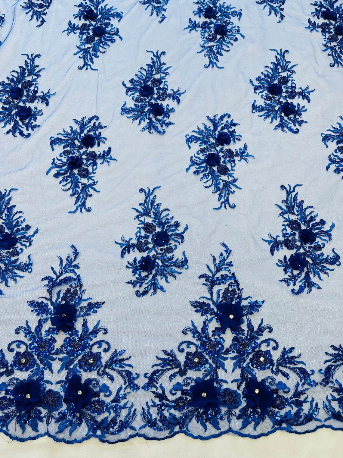 3D Floral Rhinestone Fabric - Royal Blue - Beaded Flower Clusters with Rhinestones and Sequins By Yard
