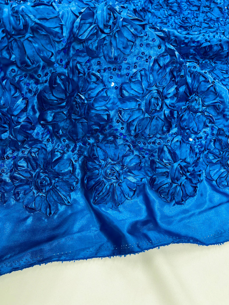 Satin Rosette Sequins Fabric - Royal Blue - 3D Rosette Satin Rose Fabric with Sequins By Yard